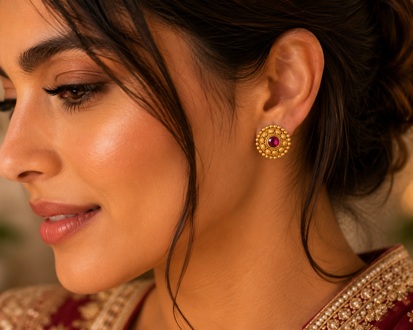 22KT Gold Antique Stud Earrings with Red Stone