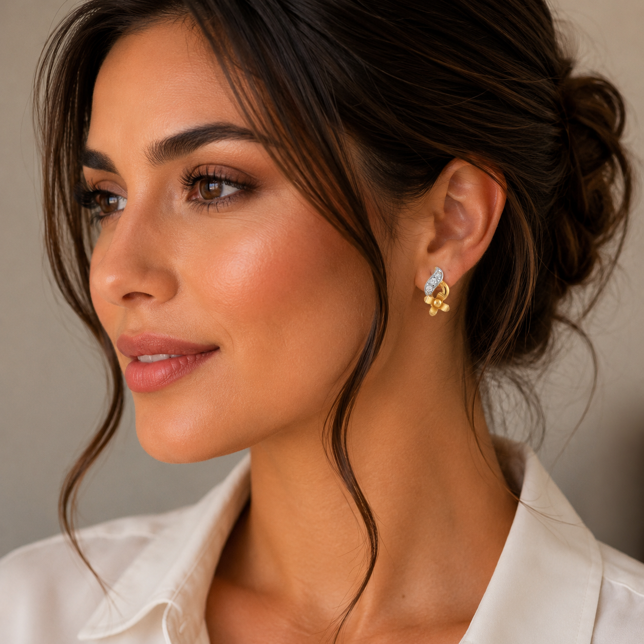 22KT Gold Two Tone Floral CZ Stud Earrings