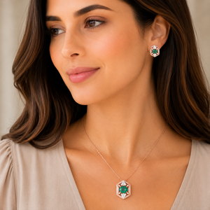 Geometric Diamond Necklace Set with Emerald-Tone Stone