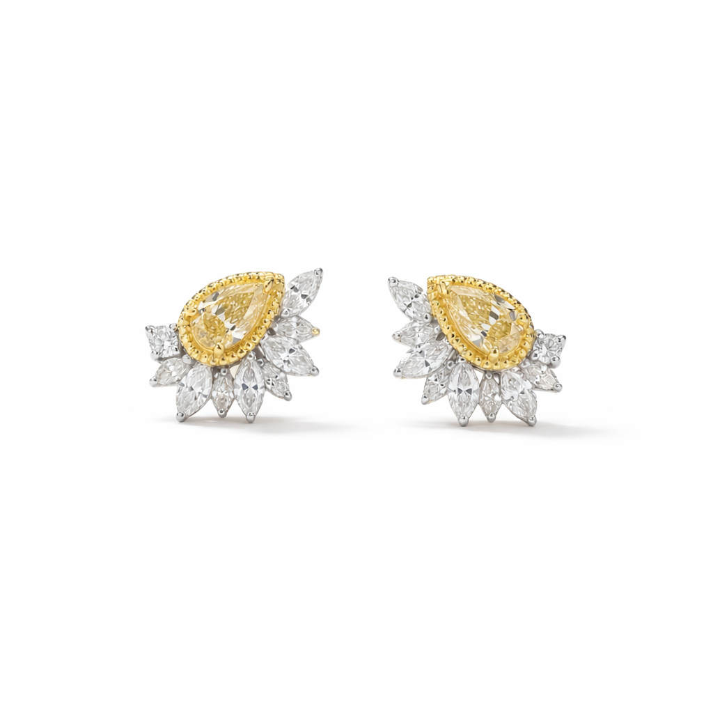 Yellow & White Diamond Leaf Stud Earrings