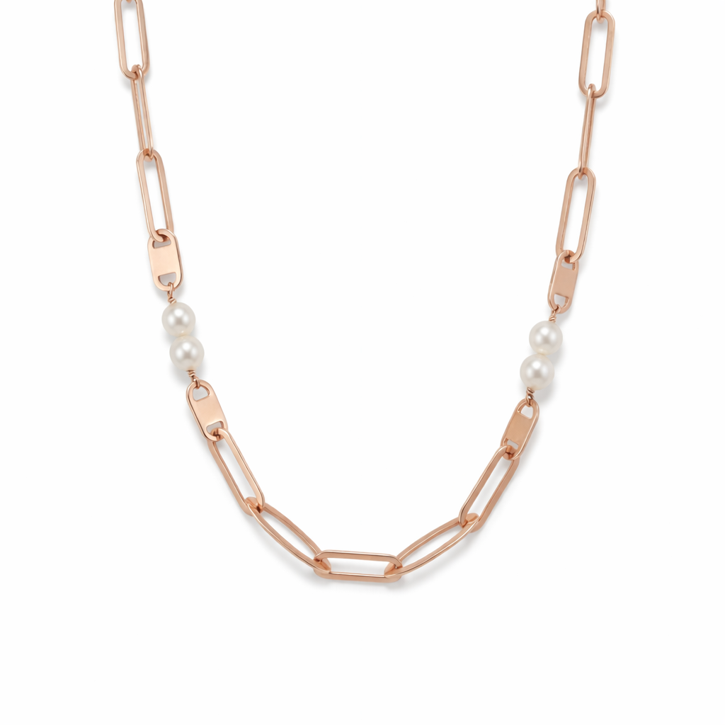 Designer Rose Gold Necklace | Elongated Links & Pearl Combo