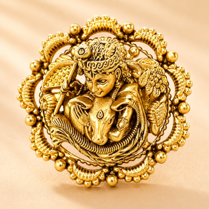 22KT Antique Gold Krishna Ring - Temple Jewellery Design