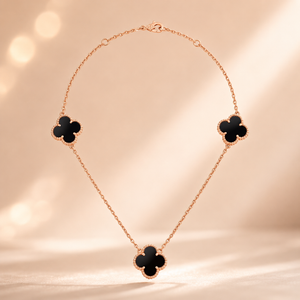 18KT Designer Clover Necklace - Black Stone Motifs
