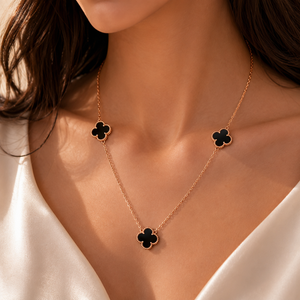 18KT Designer Clover Necklace - Black Stone Motifs