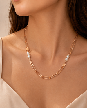 Designer Rose Gold Necklace | Elongated Links & Pearl Combo