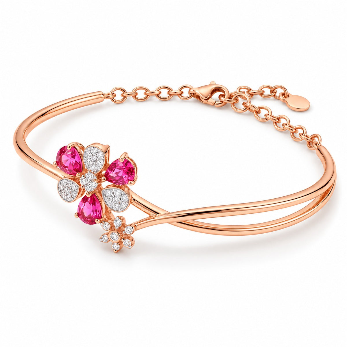 18KT Rose Gold Floral Diamond & Ruby Gemstone Chain Bracelet
