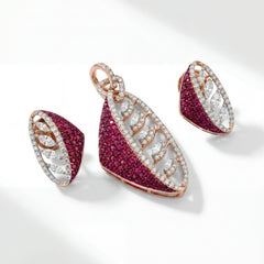 18K Rose Gold Ruby & Diamond Leaf Pendant Set