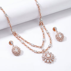 Rose Gold Diamond Floral Pendant Necklace Set with Matching Earrings