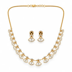 Yellow Gold Diamond Fan Motif Necklace Set with Matching Earrings