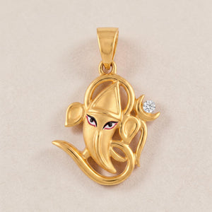 Yellow gold pendant featuring an artistic Ganesha motif with detailed facial features and a single diamond accent, symbolizing wisdom, prosperity, and auspicious beginnings.