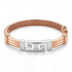 Rose gold kada featuring a dual-tone design with a white gold Greek key motif centerpiece and a textured inner pattern, offering a modern and stylish look.