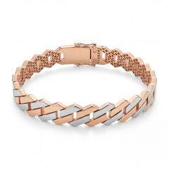 Rose and white gold bracelet featuring interlocking geometric links in a sleek alternating pattern, finished with a secure clasp for a modern and stylish look.