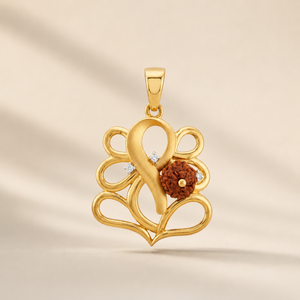 Elegant gold pendant featuring an infinity-inspired design with a textured Rudraksha bead, delicate diamond accents, and flowing openwork details.