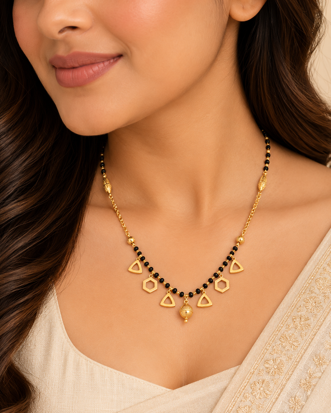 Gold Mangalsutra with Geometric Charms & Black Beads