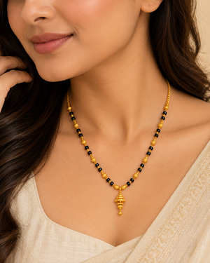 Gold Mangalsutra with Bell-Shaped Pendant & Black Beads