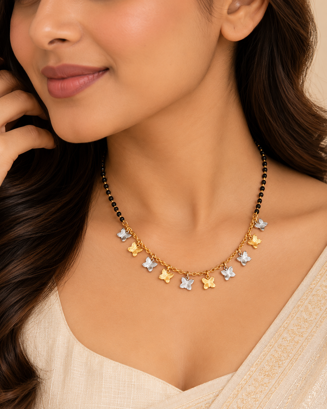 Gold Mangalsutra with Two-Tone Floral Charms & Black Beads