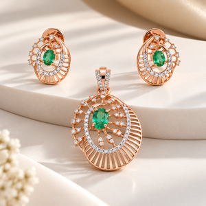 18KT Rose Gold Diamond & Emerald Pendant Set