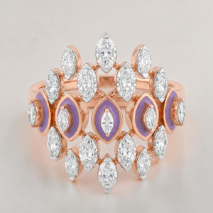 Rose gold statement ring featuring multiple marquise-cut diamonds arranged in a layered crown design, accented with soft lavender enamel detailing and a central marquise diamond for a bold, contemporary look.