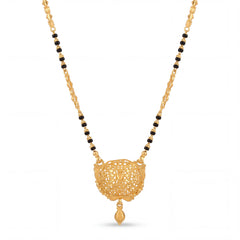 Stylish mangalsutra featuring black bead strands, handcrafted gold chain, protective blue evil eye charm pendant, and contemporary lightweight design for daily wear and gifting.
