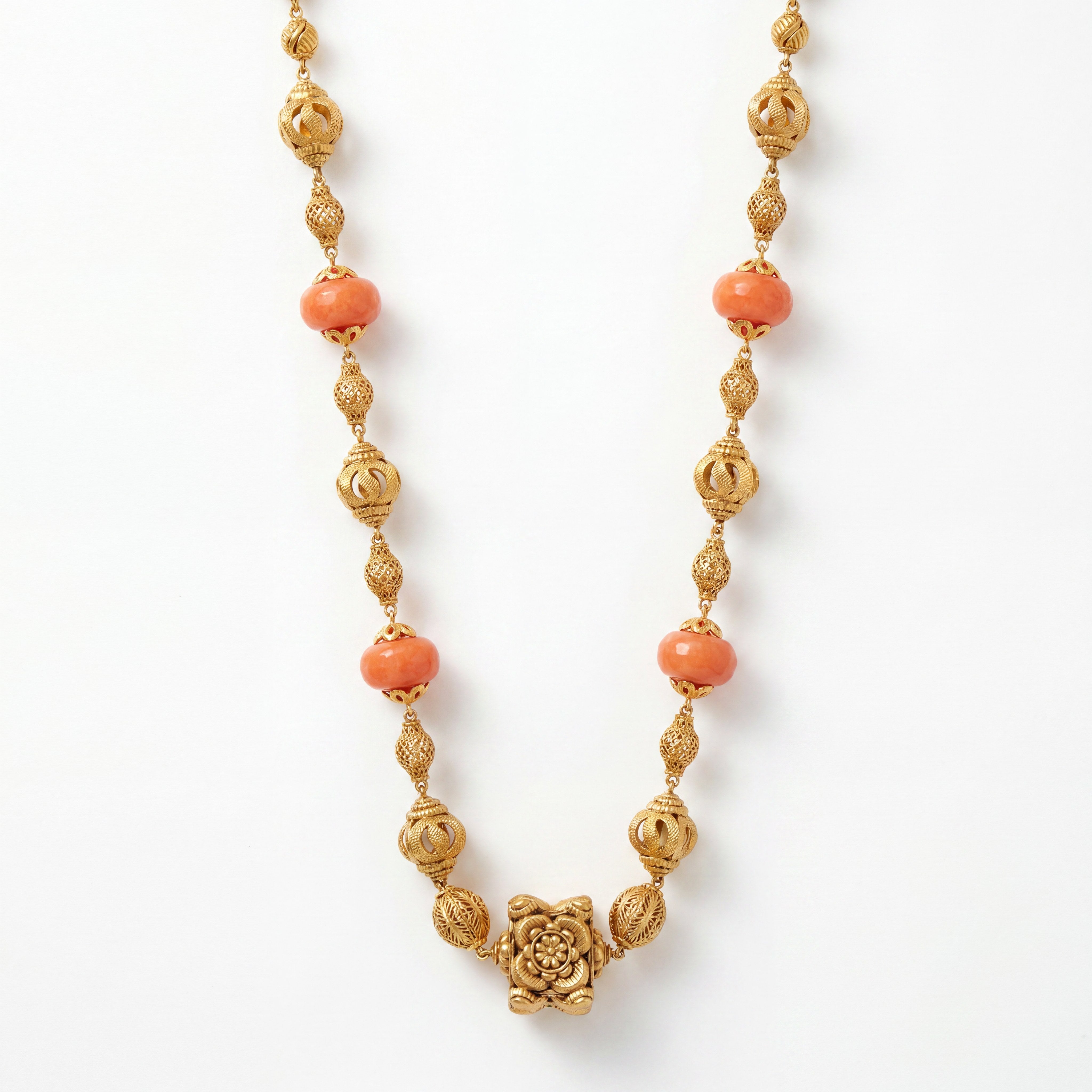 22KT Gold Coral Bead Designer Long Necklace for Women