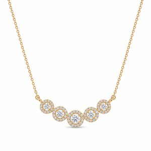Elegant gold necklace featuring five sparkling round diamond halo motifs arranged in a graceful curved design on a white background.
