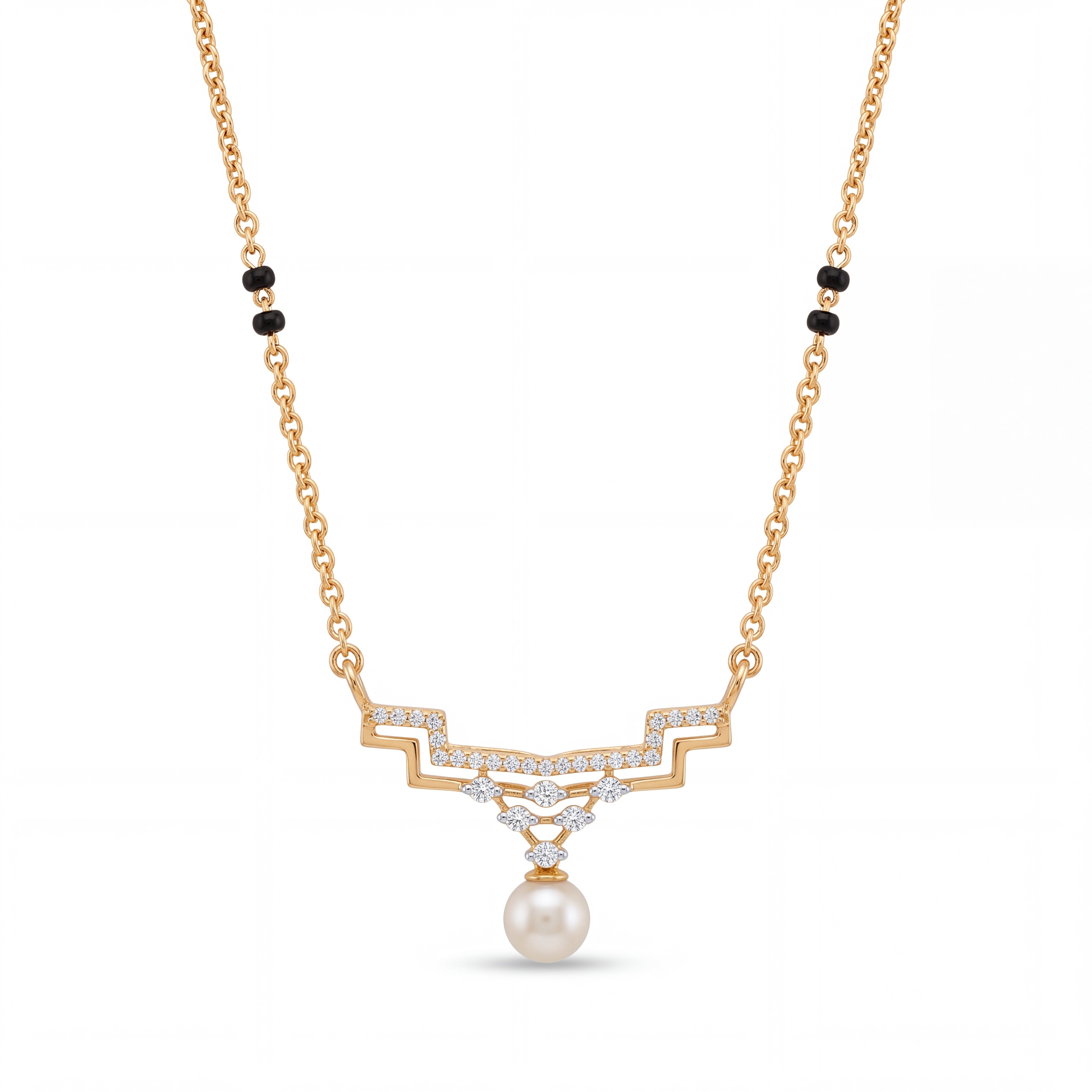 Elegant gold mangalsutra necklace featuring black beads, sparkling diamond accents, and a classic pearl drop pendant on a white background.
