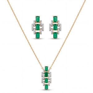 Elegant gold jewelry set featuring emerald-cut green gemstones with sparkling diamond accents in a pendant necklace and matching stud earrings on a white background.