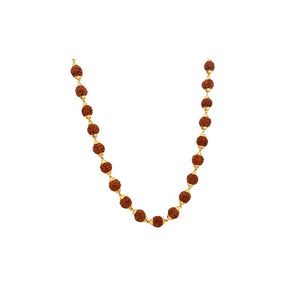 Traditional gold chain necklace featuring natural Rudraksha beads spaced with elegant gold connectors on a white background.