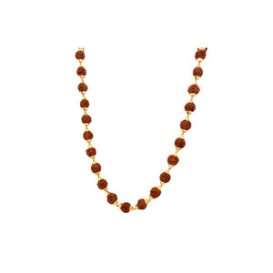 Traditional gold chain necklace featuring natural Rudraksha beads spaced with elegant gold connectors on a white background.