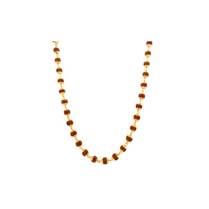Sacred gold mala necklace featuring evenly spaced natural Rudraksha beads with elegant gold connectors on a white background.