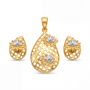 Elegant gold jewellery set featuring a teardrop pendant and matching earrings with intricate lattice openwork and layered two-tone floral motifs in gold and silver accents.
