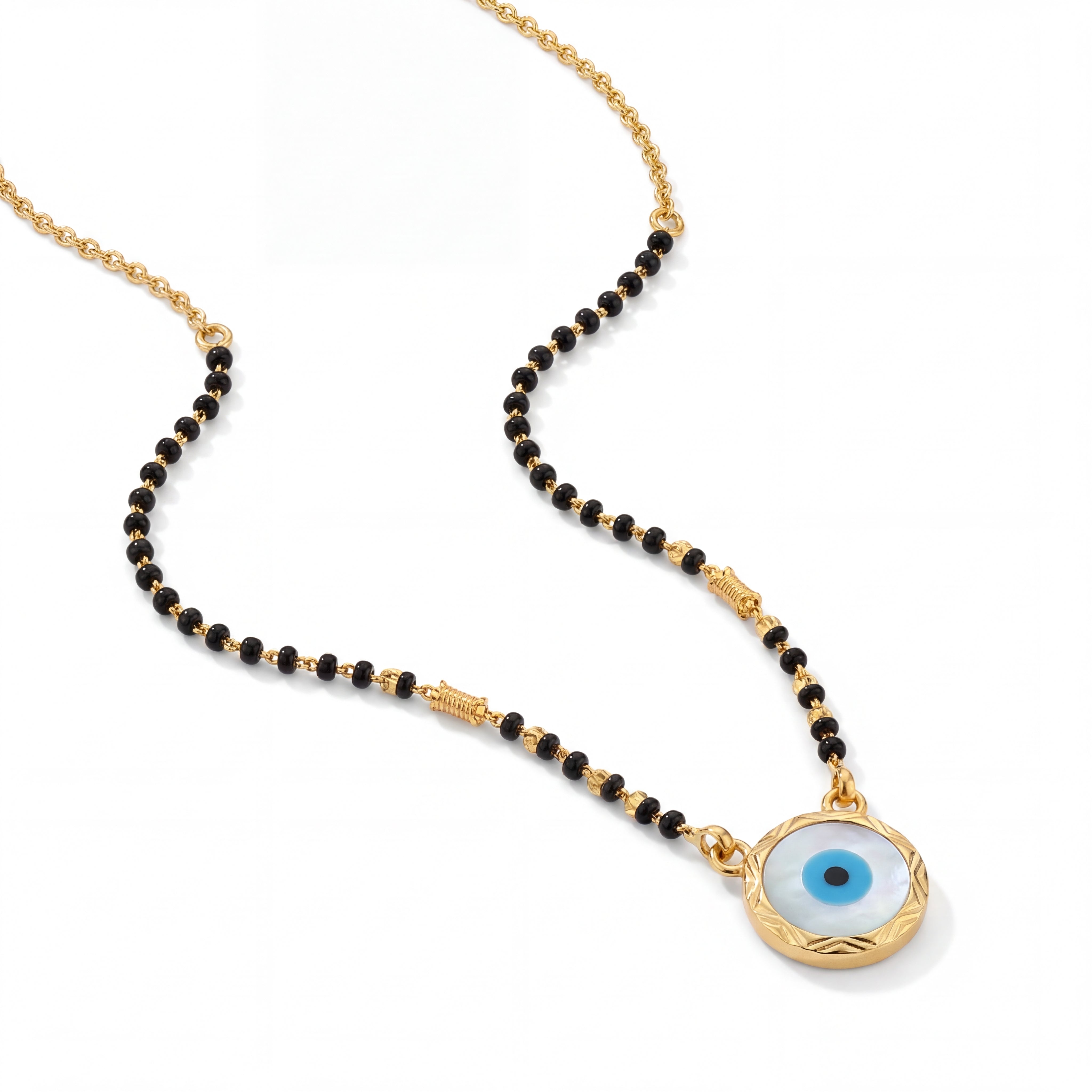 Gold Mangalsutra with Black Beads & Evil Eye Pendant