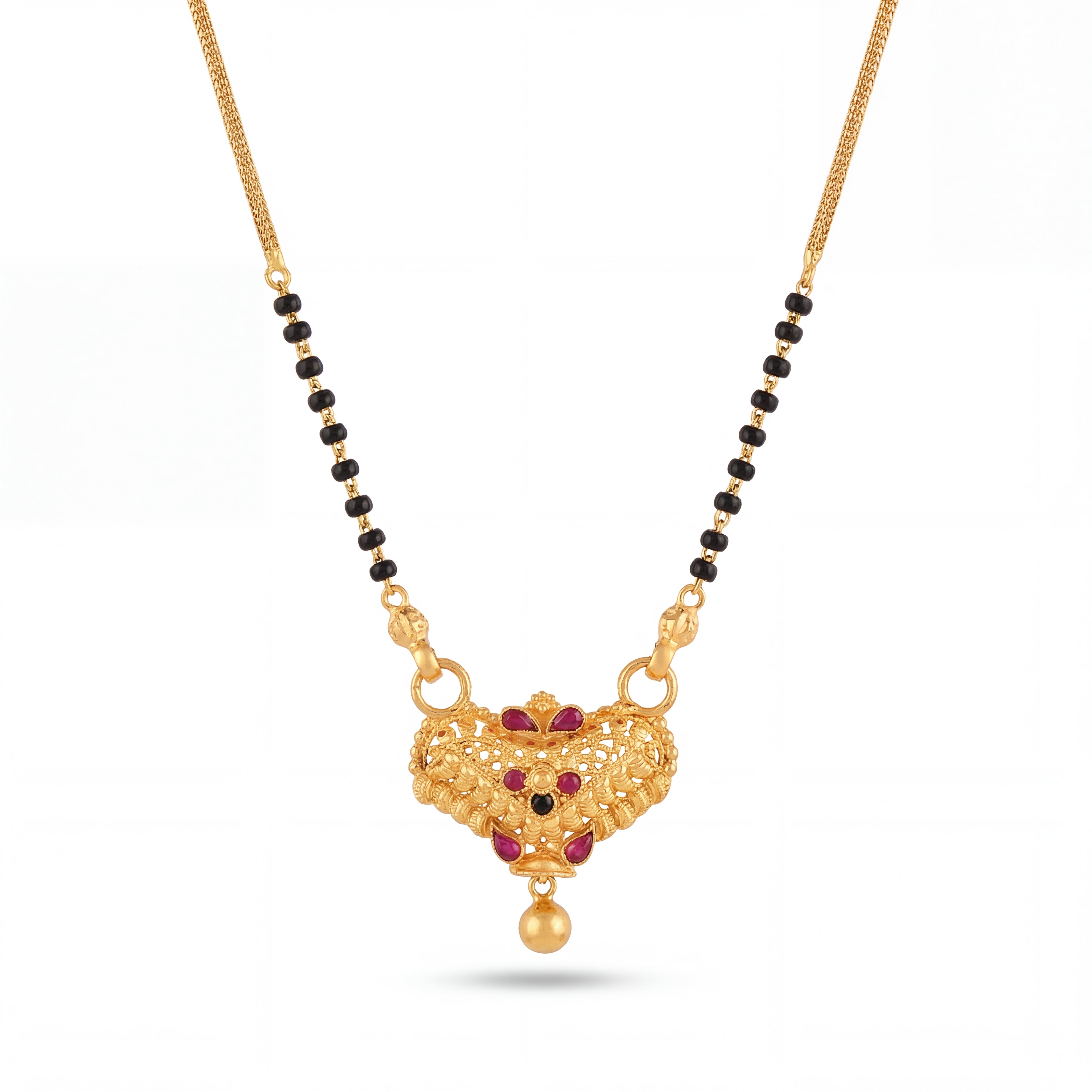 Gold Mangalsutra with Black Beads & Ruby Pendant