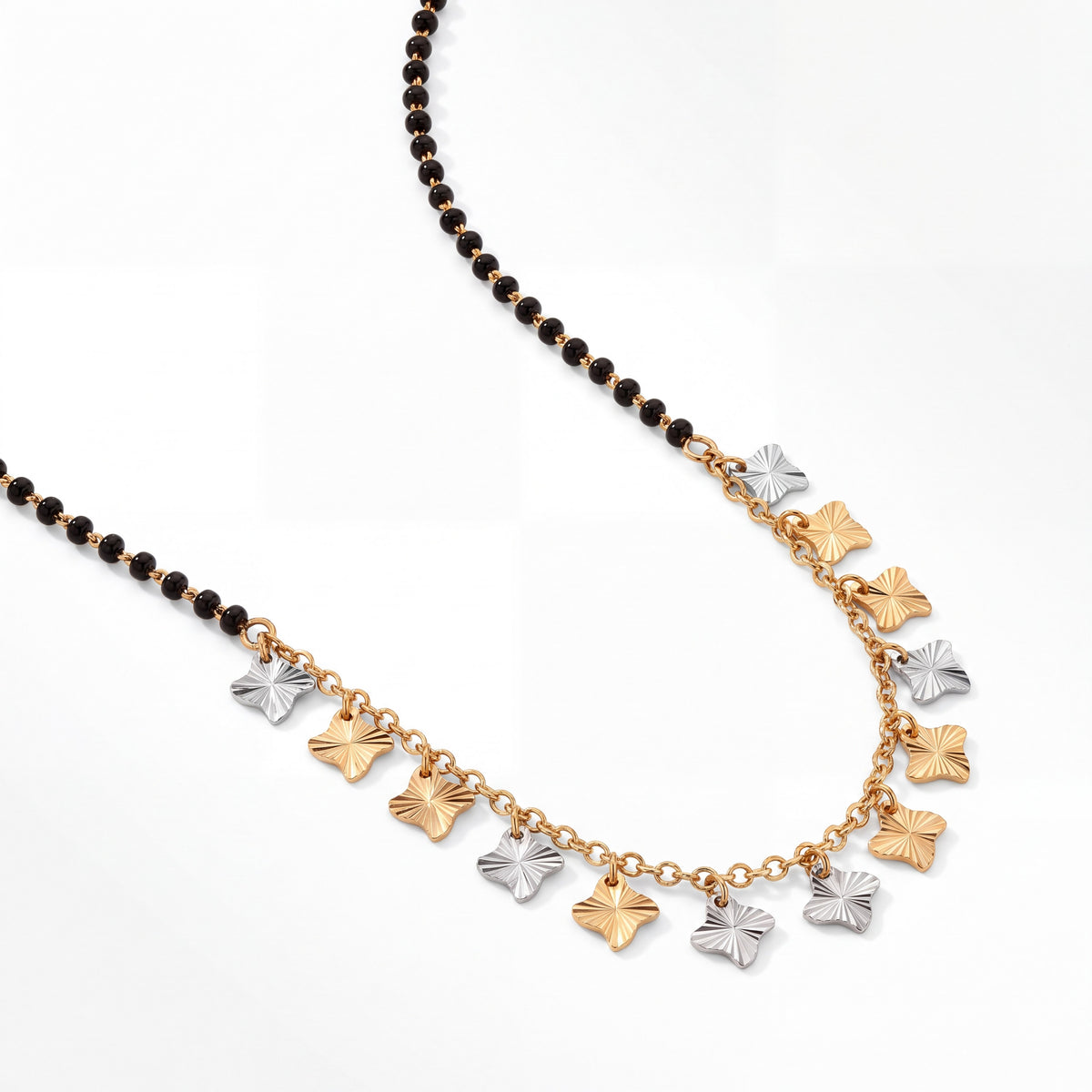 Gold Mangalsutra with Two-Tone Floral Charms & Black Beads