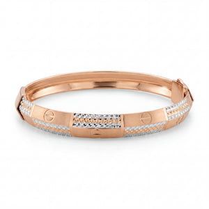 Rose gold kada-style bangle featuring a sleek geometric design with textured gold panels, diamond-accented sections, and screw motif detailing for a contemporary luxury look.