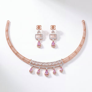 Pink Teardrop Gemstone & Diamond Gold Necklace Set