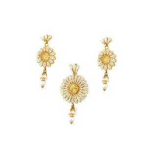 22K Gold Pearl Beaded Floral Pendant Set