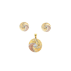 22K Tricolour Gold Round Pendant Set | Spiral Swirl Design Pendant with Matching Earrings
