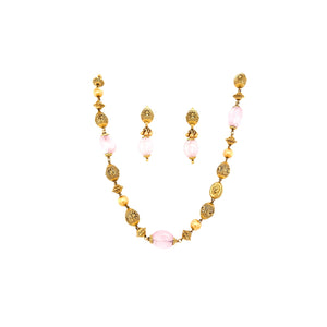 Antique Gold & Pink Beaded Necklace Set | Traditional Ethnic Mala with Matching Earrings