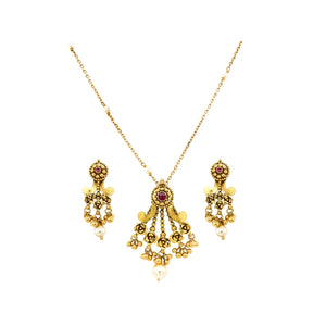 Antique Temple Gold Necklace Set with Pearl Drops | Traditional Nakshi Pendant & Earrings