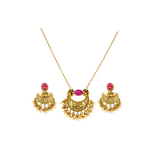 Antique Gold Temple Necklace Set with Pink Stone