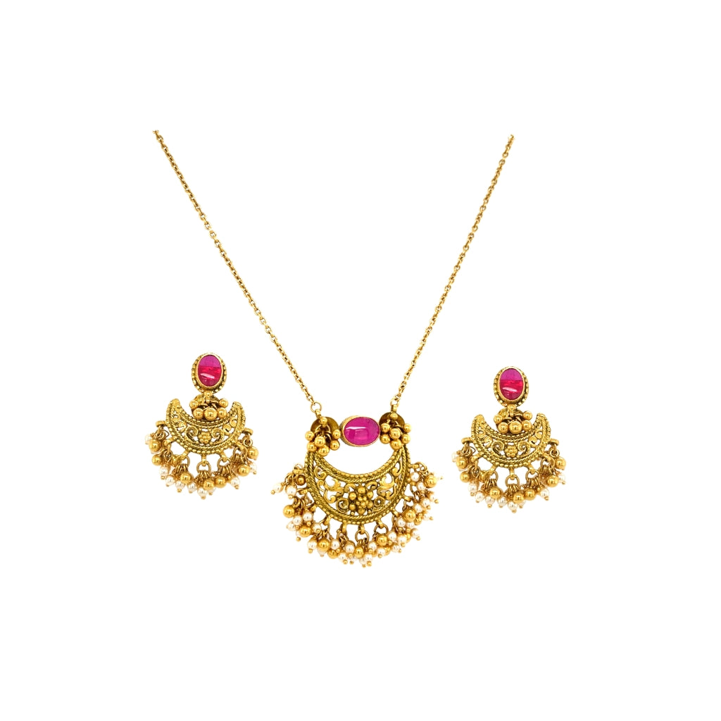 Antique Gold Temple Necklace Set with Pink Stone