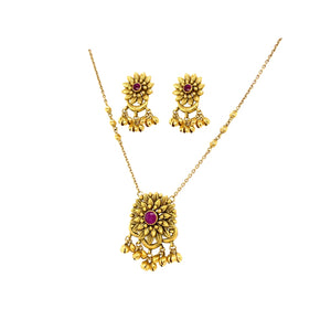 Antique Gold Floral Necklace Set with Ruby Stone
