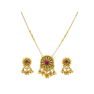 Antique Gold Floral Necklace Set with Ruby Stone