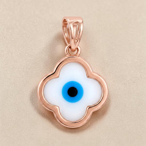 Rose gold clover-shaped pendant featuring a white enamel base with a blue and black evil eye motif at the center, symbolizing protection and positive energy.