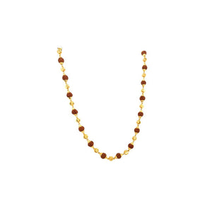 Traditional gold designer mala featuring natural Rudraksha beads paired with decorative gold bead spacers on a white background.