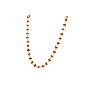 Sacred gold mala necklace featuring evenly spaced natural Rudraksha beads with elegant gold connectors on a white background.