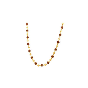 Traditional gold designer mala featuring natural Rudraksha beads paired with decorative gold bead spacers on a white background.