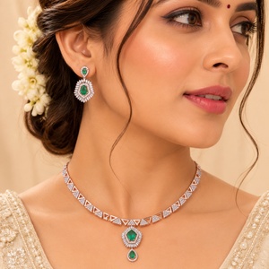 Emerald & Diamond Geometric Gold Necklace Set