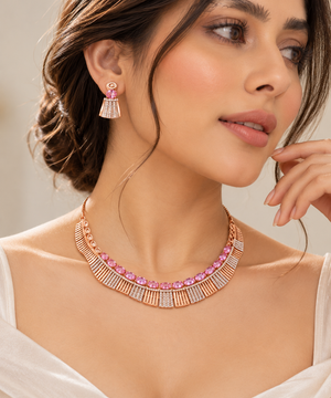 Elegant Pink Gemstone & Diamond Gold Necklace Set